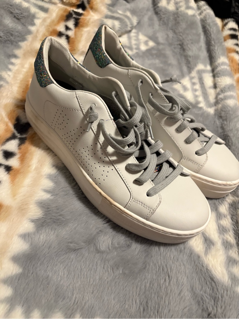 P448 Men's White Sneakers with Gray Laces and Multicolor Glitter Heel